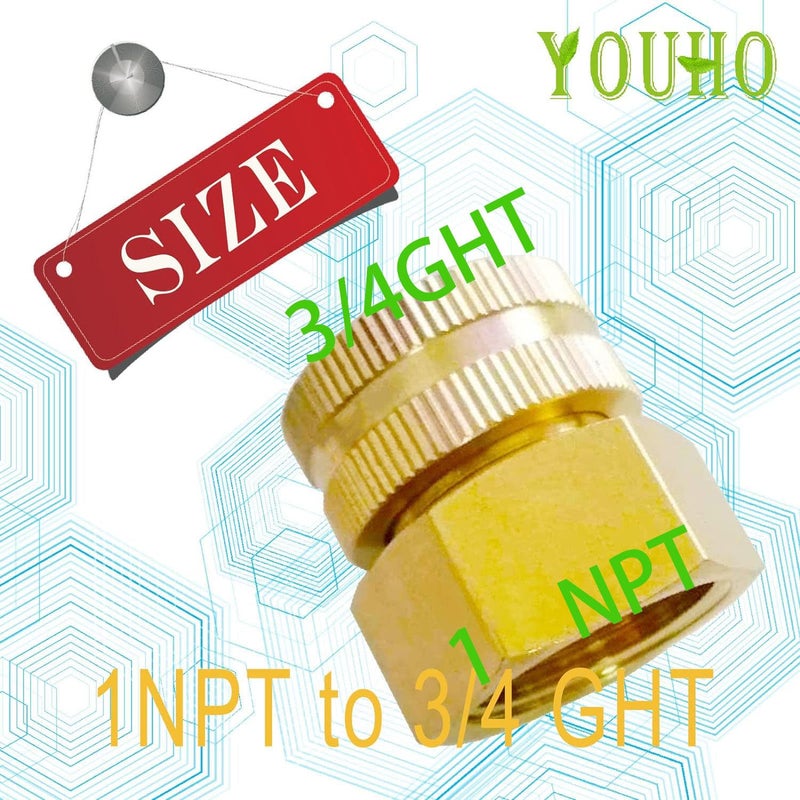 YOUHO Garden Hose Adapter Connector Heavy-Duty  Solid Brass Fittings 1 NPT Female Hose Thread x 3/4 GHT Female Hose Thread(1 Pack) - Image 2